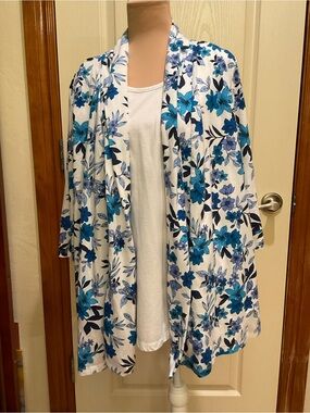 Woman Within White Cardigan with Blue Floral Print